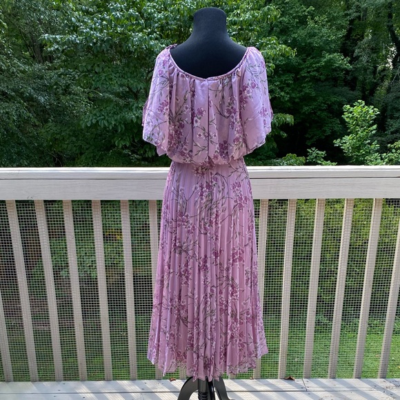 Vintage 60s 70s Floral Pleat Bow Cottagecore Dress - Picture 4 of 12